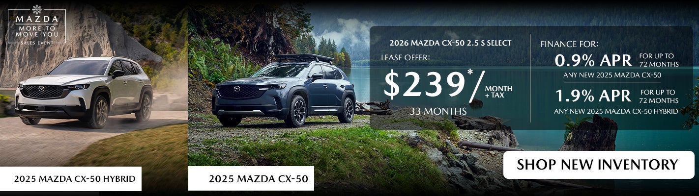 Finance 0.9% for up to 60 months on any new 2025 Mazda CX-50, gas models only. Finance 1.9% for up to 72 months on any new 2025 Mazda CX-50, hybrid models only. Or, Lease offers are 36 months, 10k miles. Requires 15% of MSRP as a down payment. The advertised price excludes a $999.00 Dealer Document Processing Fee, and a $399.87 Electronic Filing Fee; these charges represent costs and profit to the dealer for items such as inspecting, cleaning and adjusting vehicles, and preparing documents related to the sale. Just Add Tax, Tag, Title/Registration and other government required charges. Vehicles which are registered outside the state of Florida will incur a $495.00 fee to cover additional costs of titling, registration, administrative resources and document shipping. This fee also represents costs and profit to the dealer for items such as inspecting, cleaning and adjusting vehicles, and preparing documents related to the sale. Must finance through the preferred lender. See dealer for complete details. Offer expires 11.30.2025.