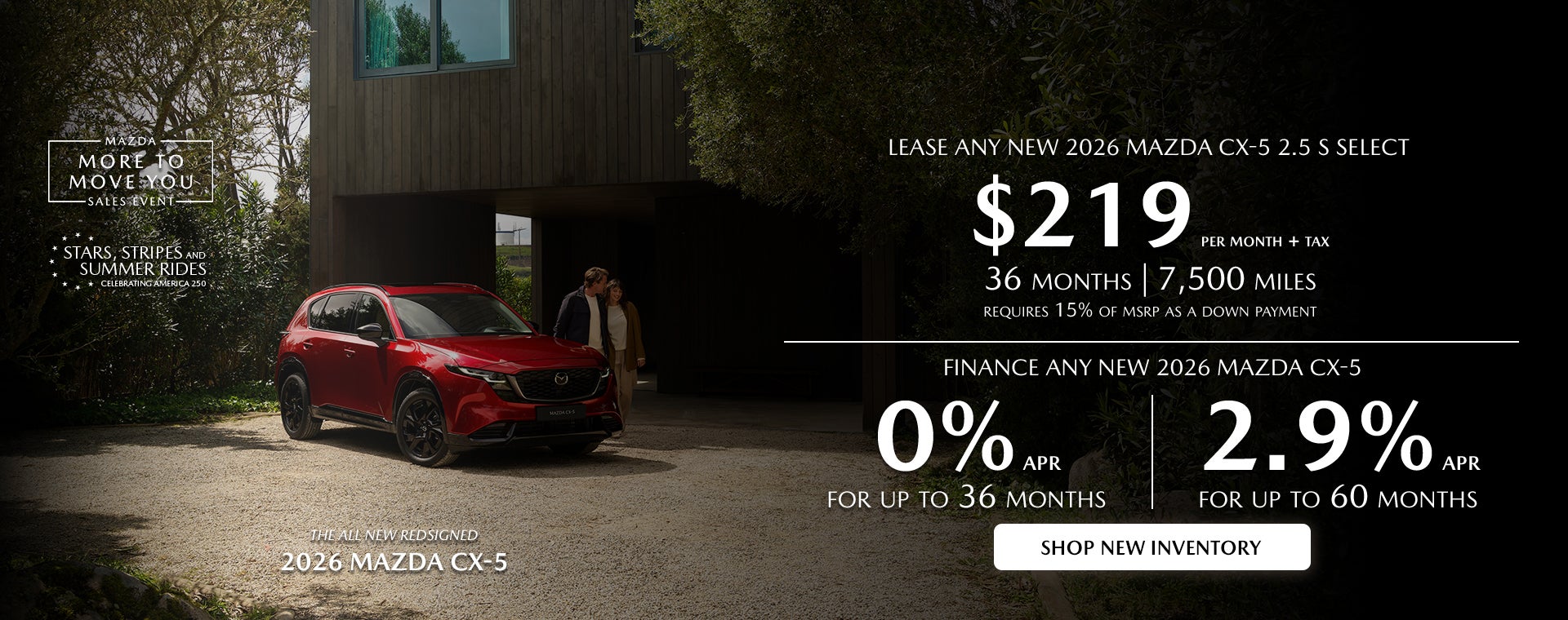 2026 Mazda CX-5 $219/month + tax 36 mos | 0% APR 36 mos.