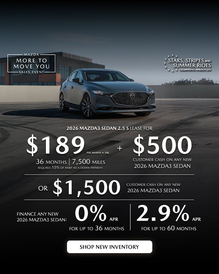 2026 MAZDA3 Sedan $189/month + tax 36 mos. 1.9% APR 36 mos.
